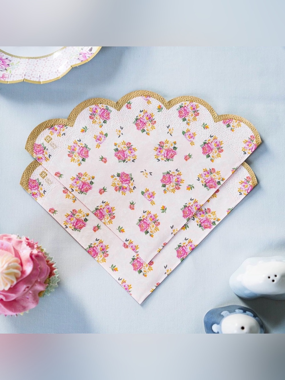 Elegant Pink Floral Napkins with Gold Trim - Party Tableware 5x20 100ct